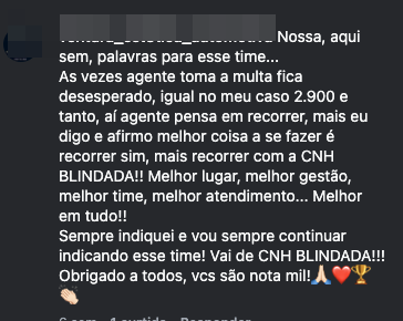 Comentário no Instagram de cliente da CNH Blindada sobre multa de R$ 2.900 e recomendação do time
